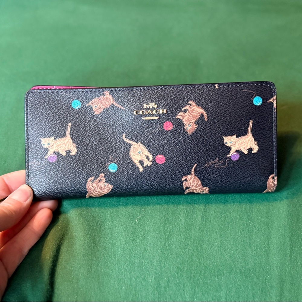 Coach Black Wallet with Cat and Dot Design